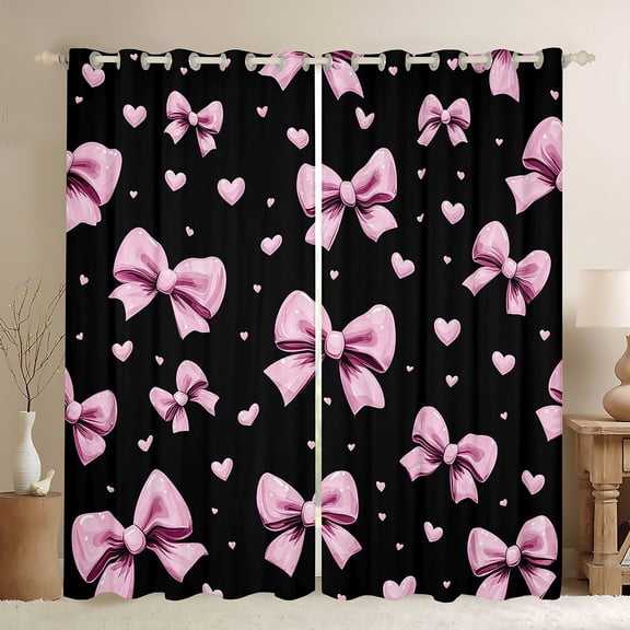 Erosebridal Bow Love Heart Black Out Curtains for Girls, Black Pink Bowknot Curtains Pack of 2 (42x63 Each) for Women