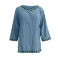 thumbnail image 3 of ABATAB Cotton Tops for Women Lightweight Casual Long Sleeve V-Neck T-Shirts Fashionable Embroidered Beach Vacation Shirts(Small,Sky Blue), 3 of 4