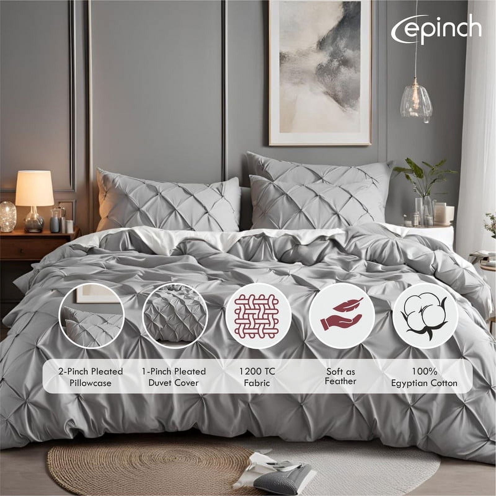 Pinch Pleated Duvet Cover Set 1200TC 100% Cotton Luxurious Home 3-Piece 1-Pinch Duvet Cover 2-Pinch Pillowcase Zipper Tie Closure Pack of 1