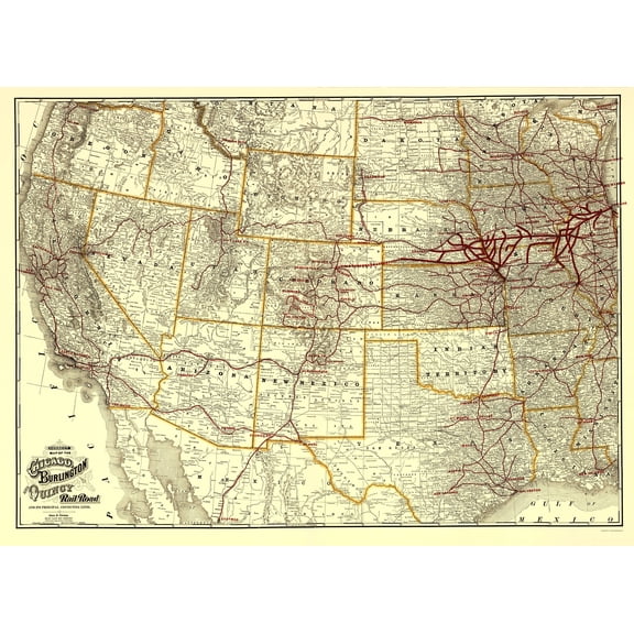 Railroad Map - Chicago Burlington and Quincy Railroad - Cram 1881 - Vintage Wall Art