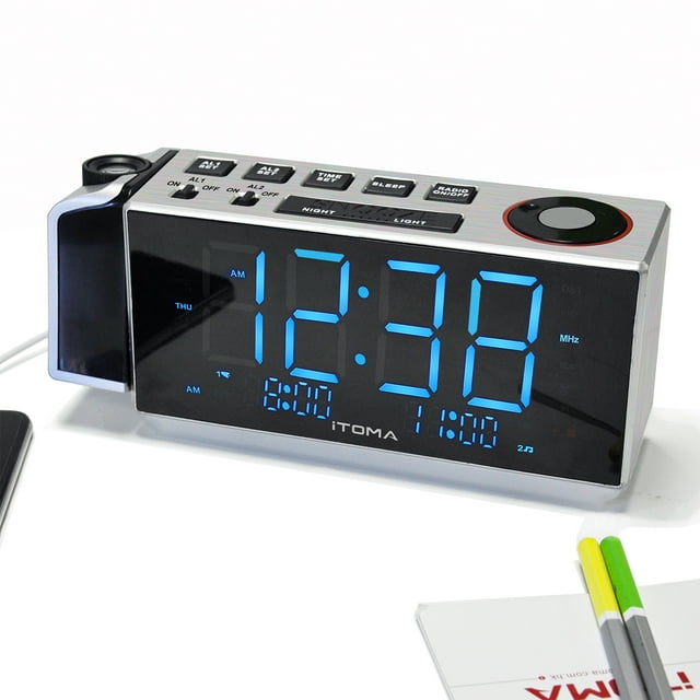 Projection Alarm Clock with FM Radio, USB Charging, 1.8'' LED Display