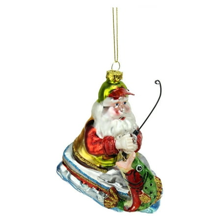 Santas Show Boat - Northlight Catch of the Day Santa Claus Fishing on Boat Glass Christmas Ornament