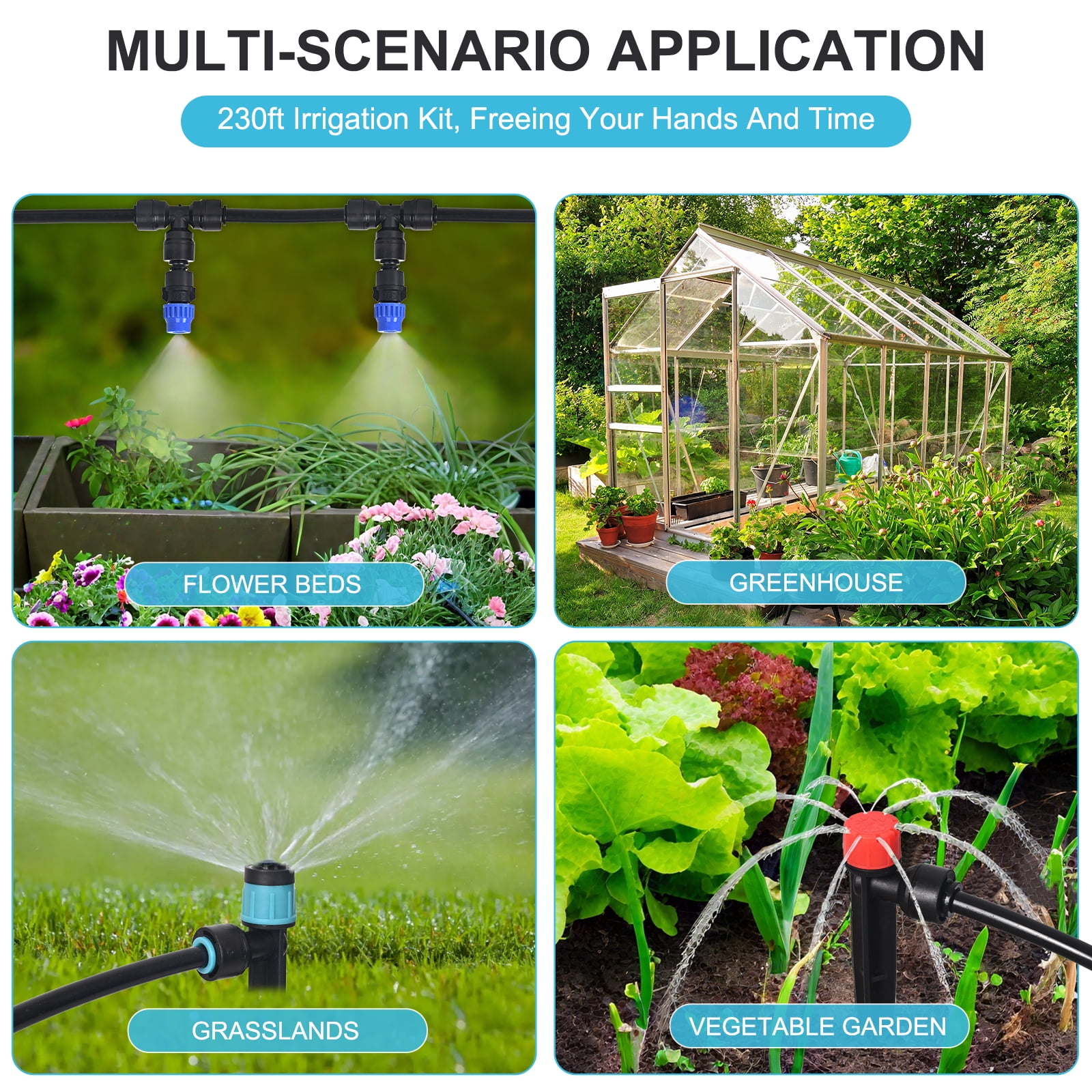 TERRALYX 230ft Drip Irrigation System with Quick-Connect,33ft 1/2" Mainline 197ft 1/4" Tubing Drip Irrigation Kit and 3 Nozzle Types Irrigation System for Garden,Flower Bed,Raised Bed,Greenhouse