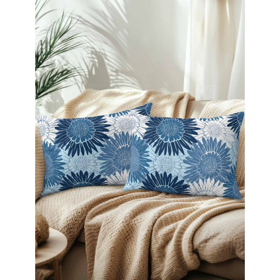Outdoor Pillows Waterproof, Blue Sunflowers Bedding Throw Pillows with Insert for Couch Sofa Bed, Flowers Modern Abstract Art 12x20 Inch Pillowcases Decorative Camping Patio Pillow Set of 2