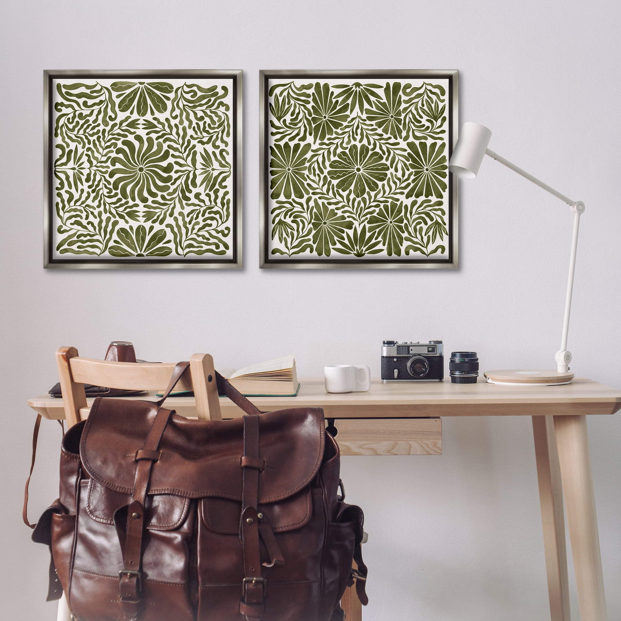 Stupell Industries Patterned Wavy Flowers Plants & Flowers Painting Gray Floater Framed Canvas Art Print Wall Art, 25 x 25, Set of 2