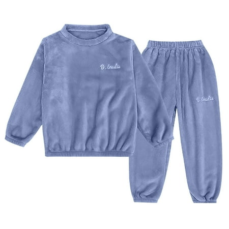 

NOLDARES Pajama for Girls Simple Solid Color Fleeced Thickened Sleepwear Warm Loose Fit 2Pcs Pj Outfit Sets Comfy Girls Sleeping Clothes(Blue 3-4 Years)