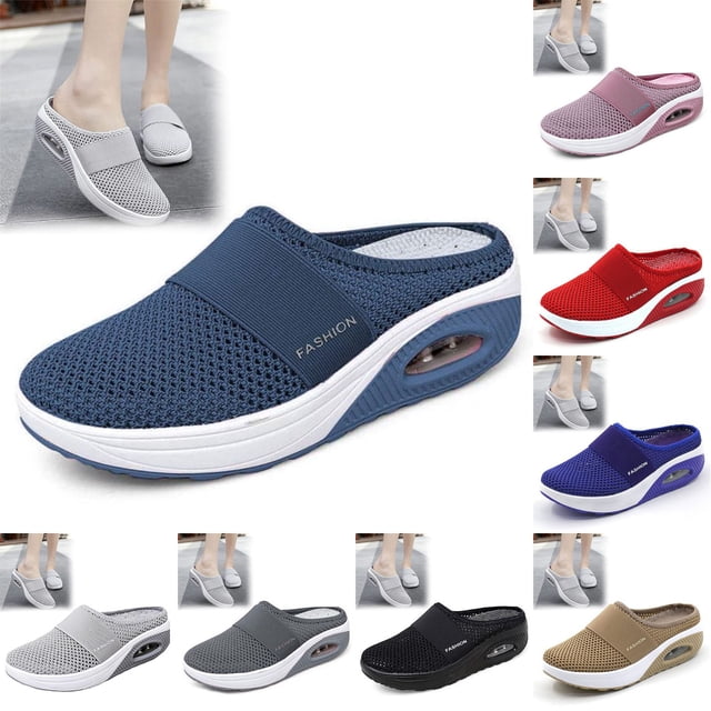 longantii Orthopedic Dress Shoes for Women Arch Support Non Slip Slip on Work Shoes Wide Width Knitted Mesh Stretch Server Shoes Comfortable 2026 New Orthopedic Shoes Navy