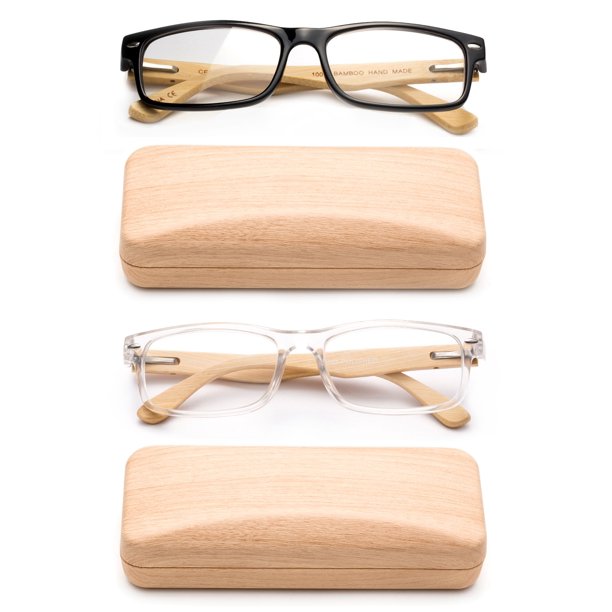 Real Bamboo Reading Glasses Spring Hinge Genuine Bamboo Rectangular