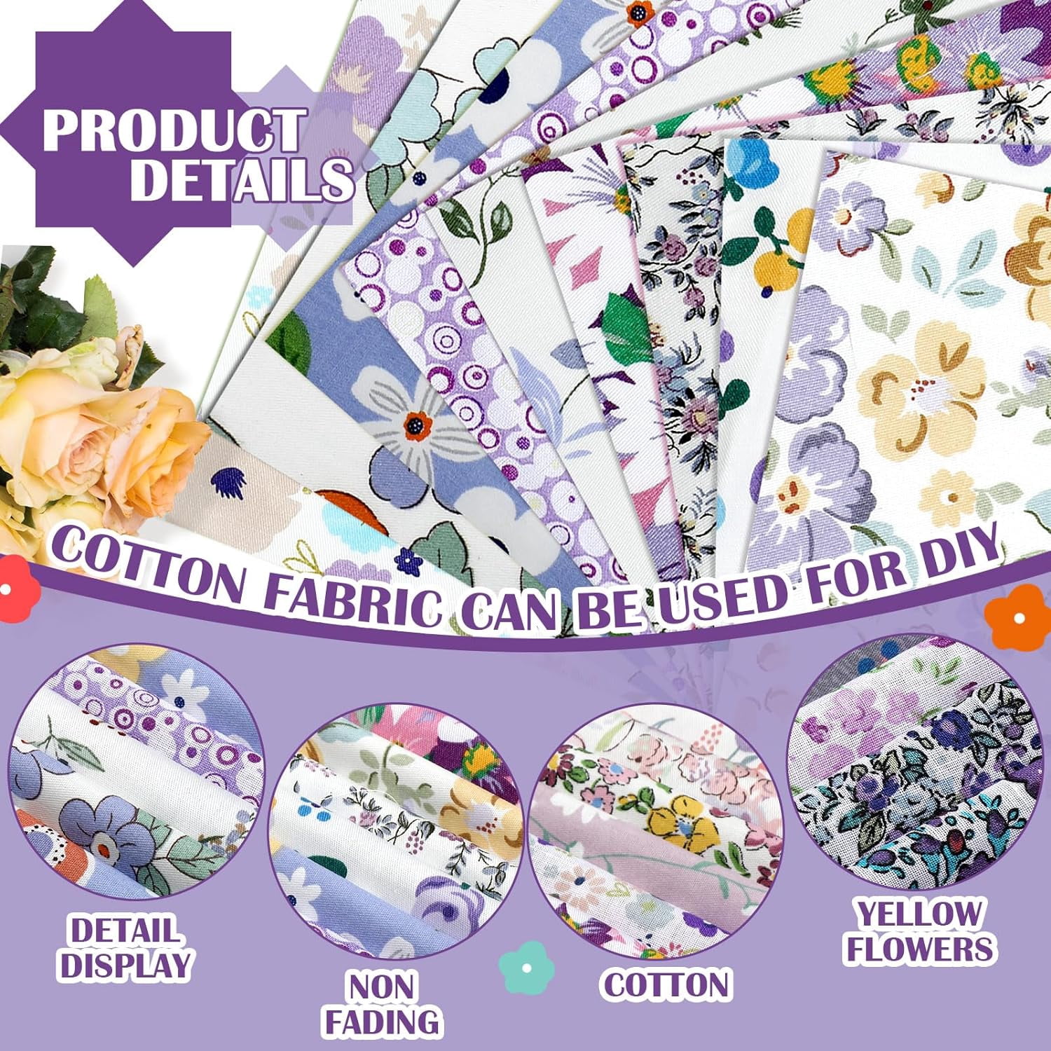 600 Pcs 4 x 4 Inch Cotton Fabric Square Precut Quilting Squares Printed Floral Patchwork Fabric Bundles for Spring DIY Craft Sewing Clothing Accessory(Purple)