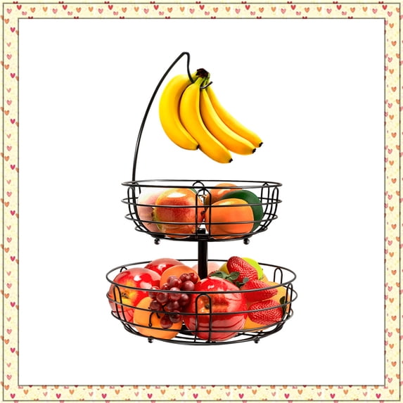 2 Tier Metal Wire Fruit Basket Holder with Banana Tree, Detachable Basket for Countertop (Black)