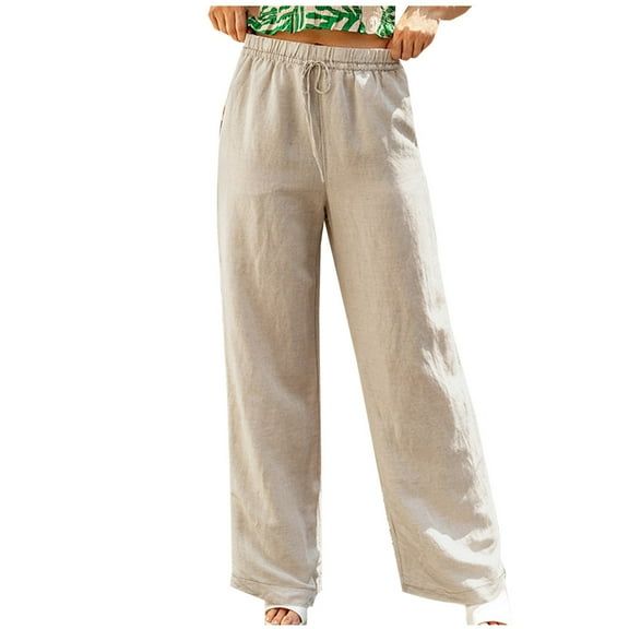 Lenpel Linen Pants for Women Elastic High Waisted Drawstring Wide Leg Lounge Pants Loose Casual Trousers with Pockets