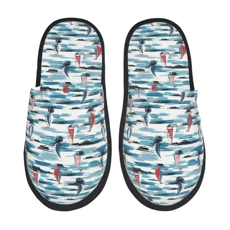 Balery Boat In Ocean Slient Indoor Furry Fleece Comfort House Shoes Soft Non-Slip Home Shoes Cotton slippers House Slippers-- Large