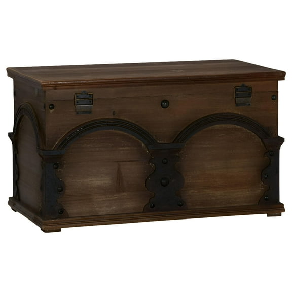 Household Essentials Small Wooden Arch Storage Trunk, Stained Wood with Decorative Arches, Flat-top, Hinged Lid, Brown