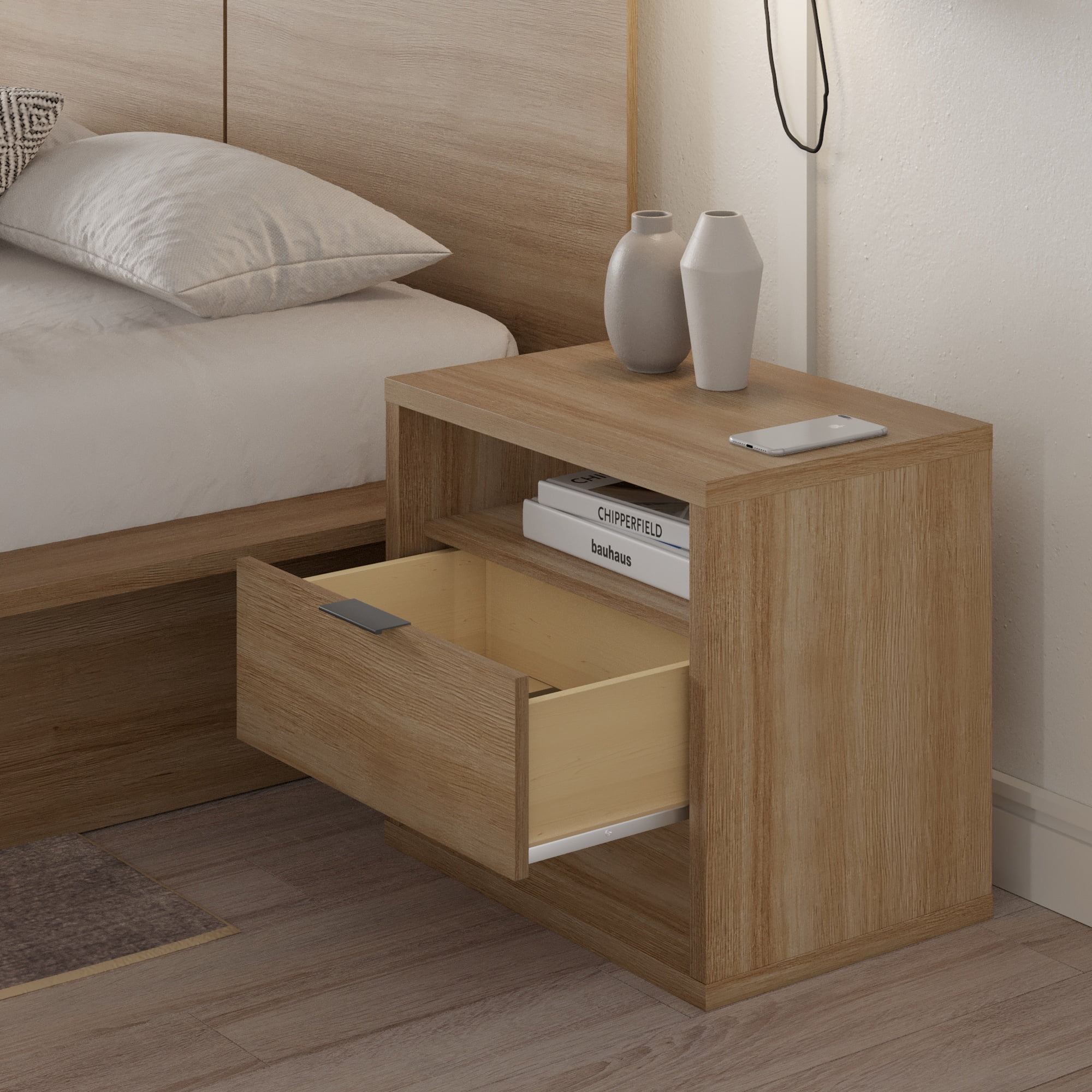 Nexera Modern 1-Drawer Nightstand with Open Storage, Brown Oak
