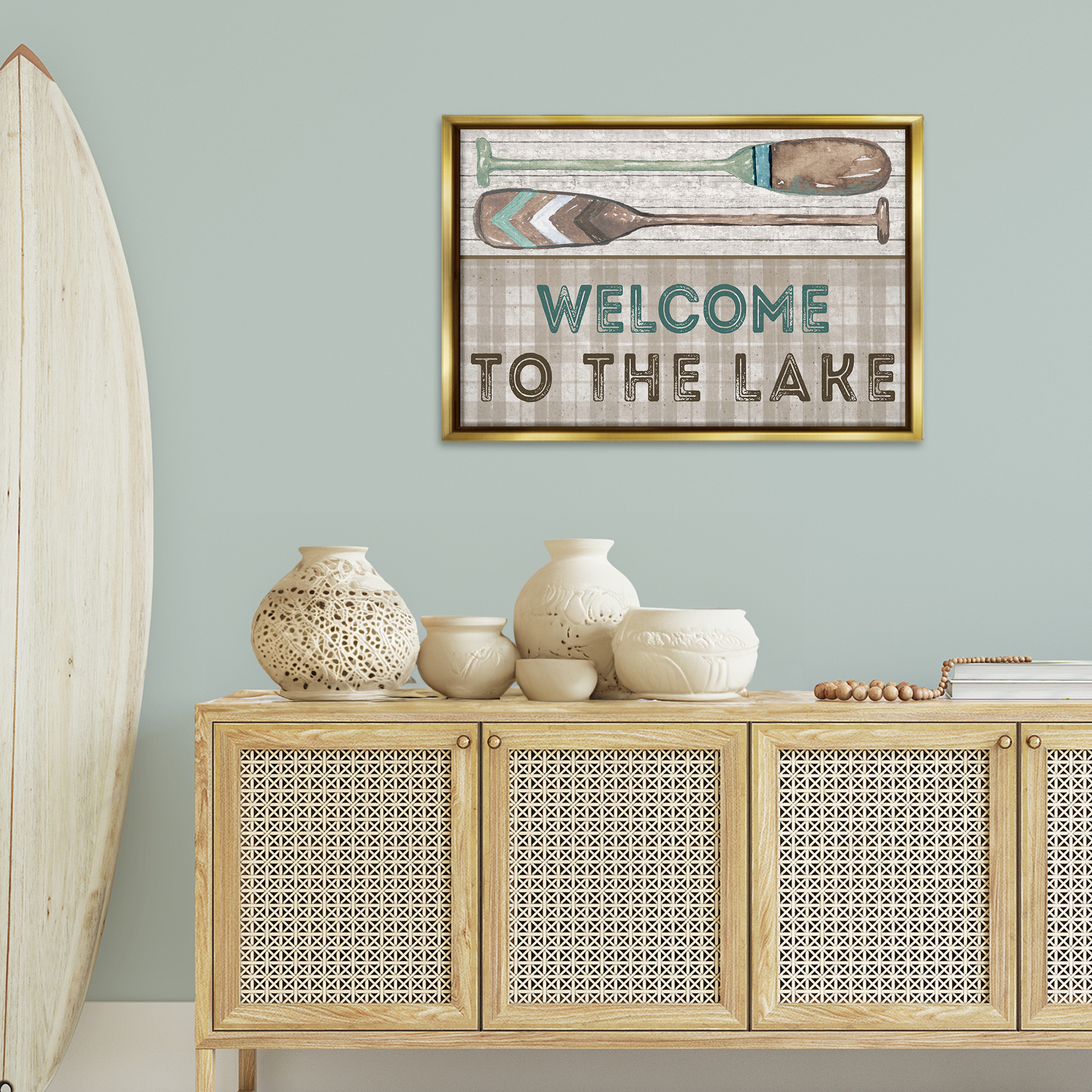 Stupell Industries Rustic Welcome Lake Oars Typography Painting Gold Floater Framed Canvas Art Print Wall Art, 31 x 21