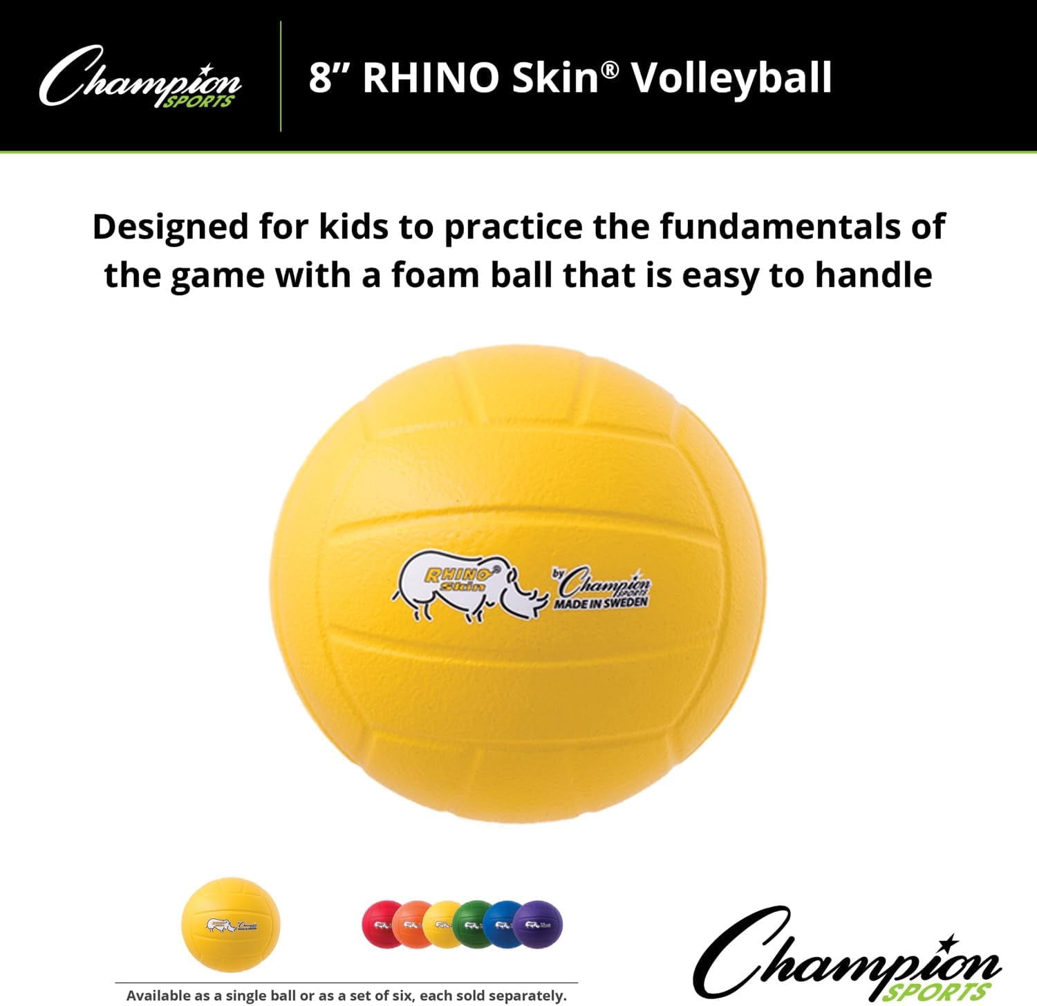 Champion Sports Rhino Skin Molded Foam Volleyball, Yellow, 8" Diameter
