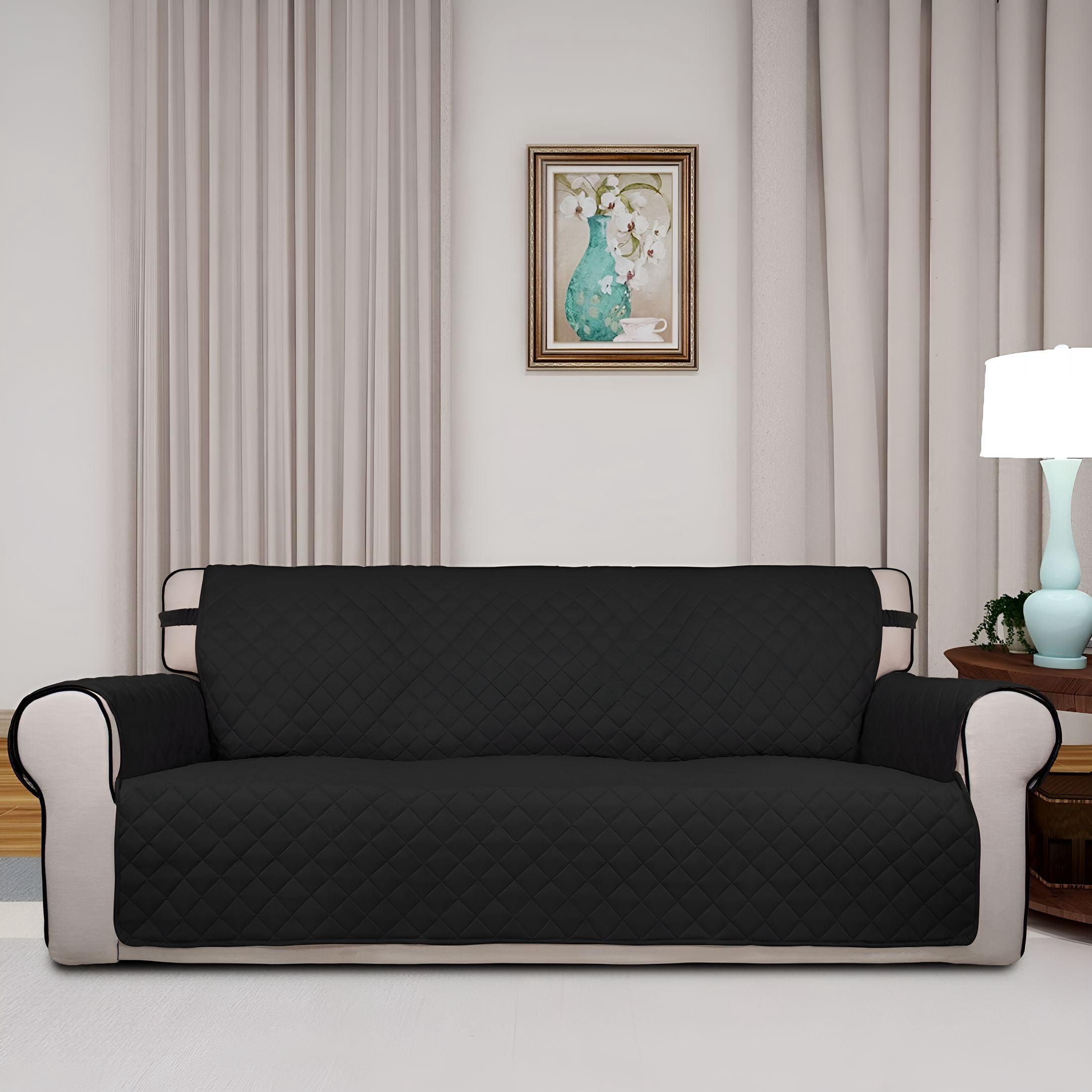 AUQ Reversible Quilted Sofa Cover,Water Resistant Slipcover Furniture Protector,Washable Couch Cover with Non Slip and Elastic Straps for Kids,Pets (Sofa,Black)