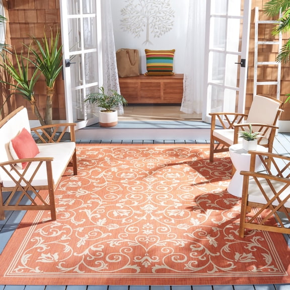Safavieh Courtyard Nanda Botanical Indoor/Outdoor Area Rug, Terracotta/Natural, 6'7" x 6'7" Square