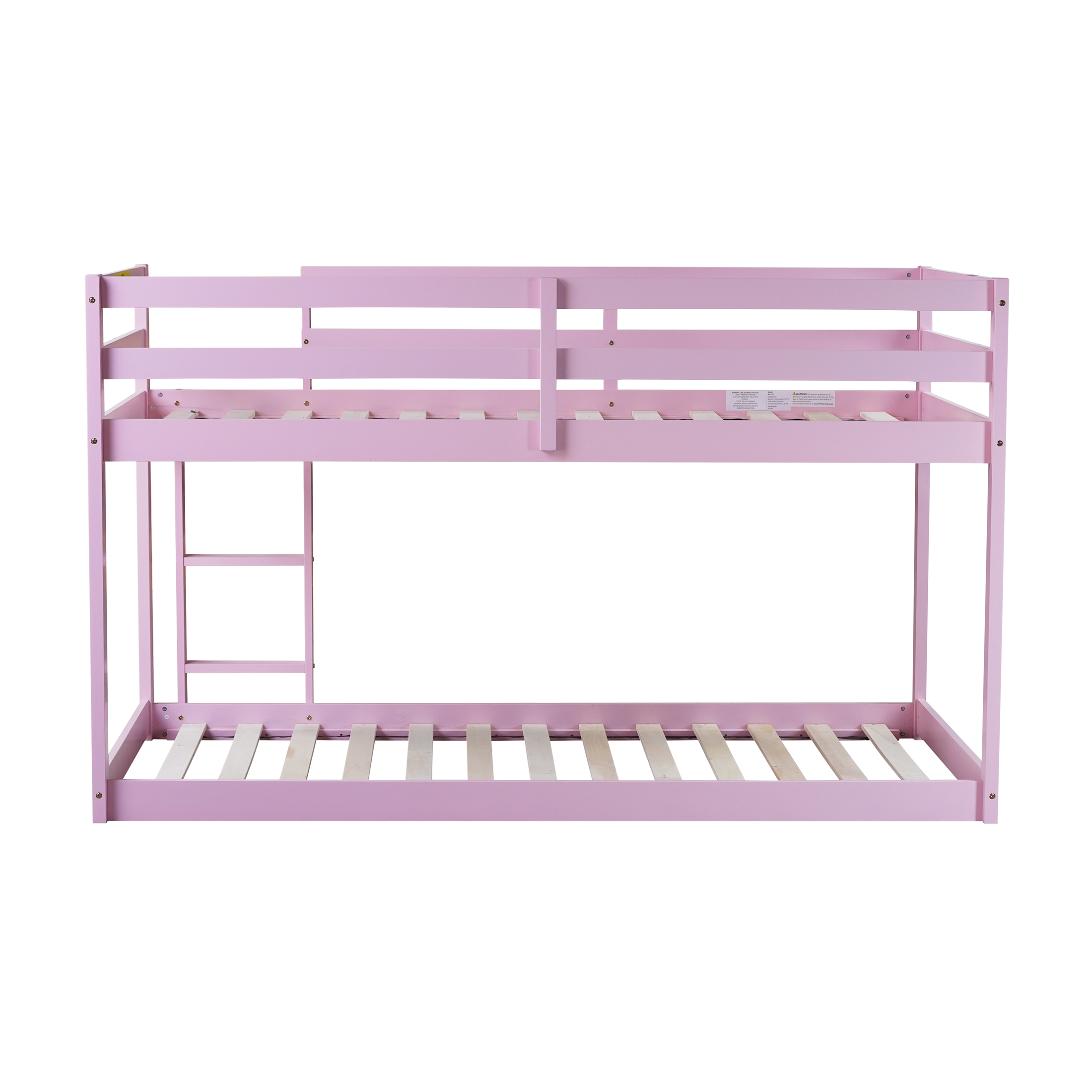 PORKISS Bunk Bed Twin Over Twin, Low Floor Bunk Bed for Kids with Guard Rails for Dorm, Small Space, No Box Spring Needed, Pink
