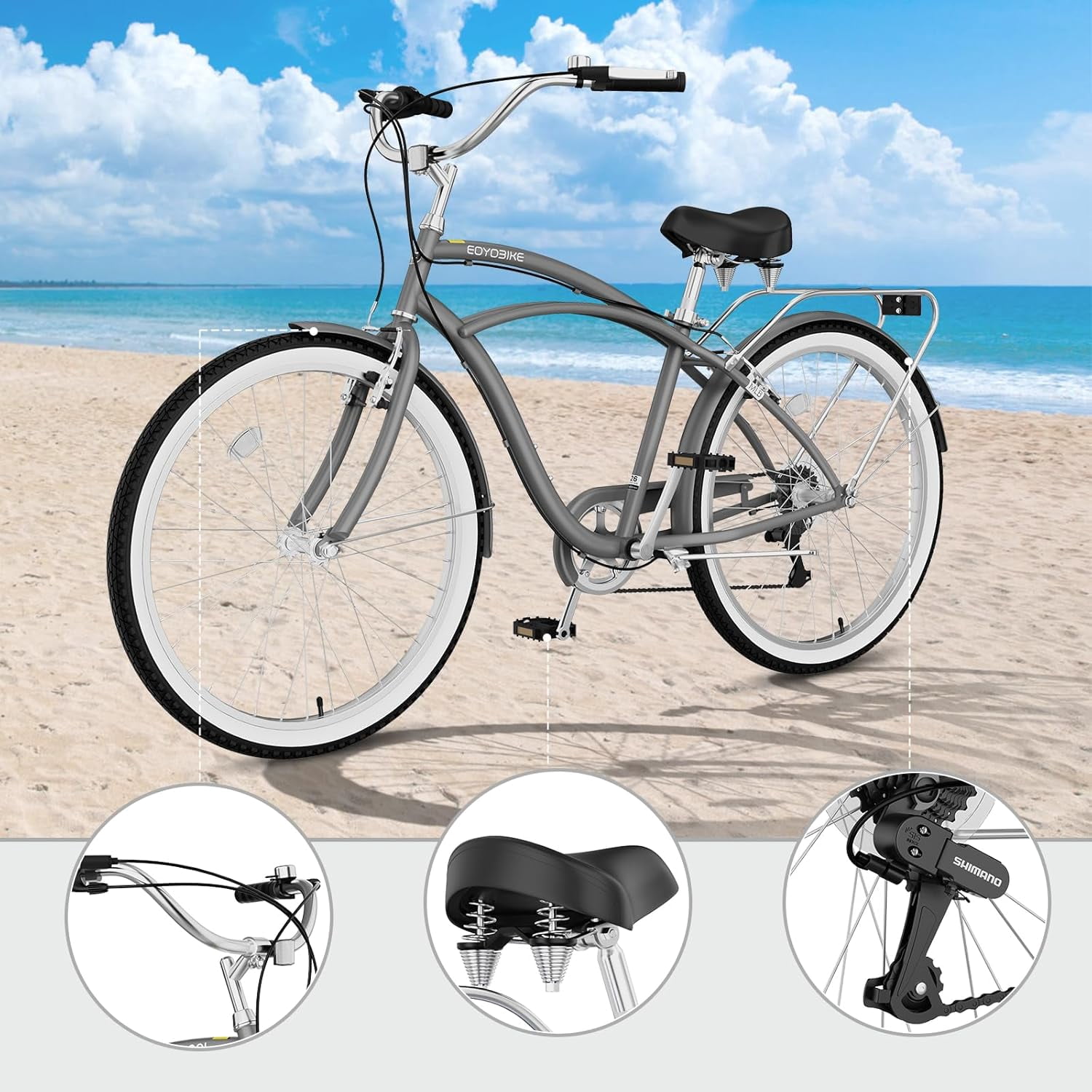 ABORON 26" Beach Cruiser Bike Women Men, Lightweight Adult Cruiser Bike with Rack, 7-Speed Cruiser Bicycle for Commuting, Carbon Steel Frame Commuter Bicycle