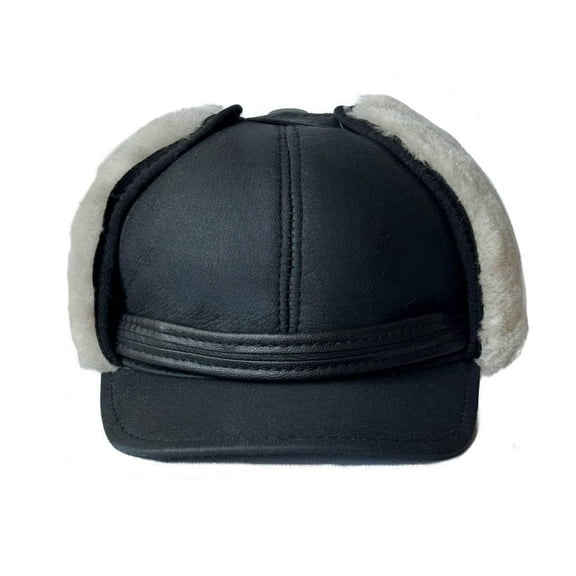 Men’s Shearling Leather Trapper Hat – Aviator Winter Cap with Genuine Sheepskin Ear Flaps | Cold Weather Leather Cap (US, Alpha, 3X-Large, Black/Ivory Fur)