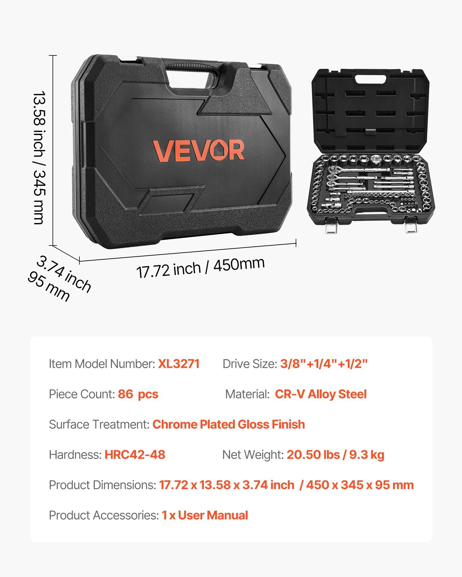 CAFORKP 86-Piece Socket Set with 3/8, 1/4 & 1/2 Inch Drives, SAE and Metric Sockets, Ratchets, Accessories & Storage Case - CR-V Alloy Steel for Automotive Maintenance