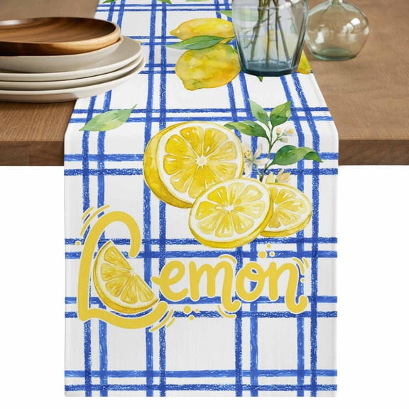 Summer Lemon Watercolor Table Runner 90 Inches, Geometric Blue Line Plaid Bed Runner Dresser Scarves Tabletop for Indoor Outdoor Parties/Ceremony/Banquet, 13" x 90"