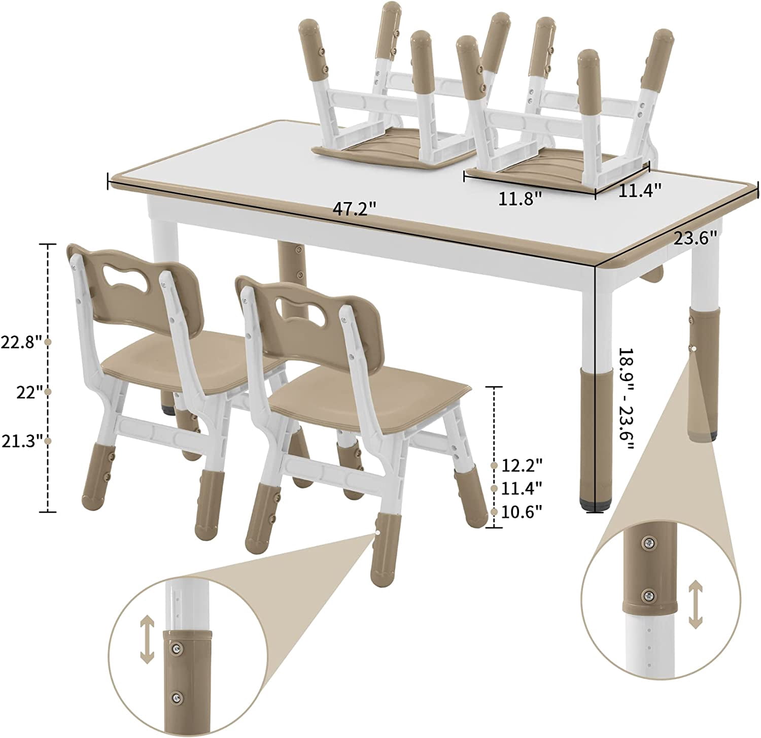 AINUO Toddler Table and Chairs Set for 4, 47.2''L x 23.6''W Kids Study Table and Chair Set, Height-Adjustable, Graffiti Desktop, Children Activity Table for Daycare, Classroom, Home