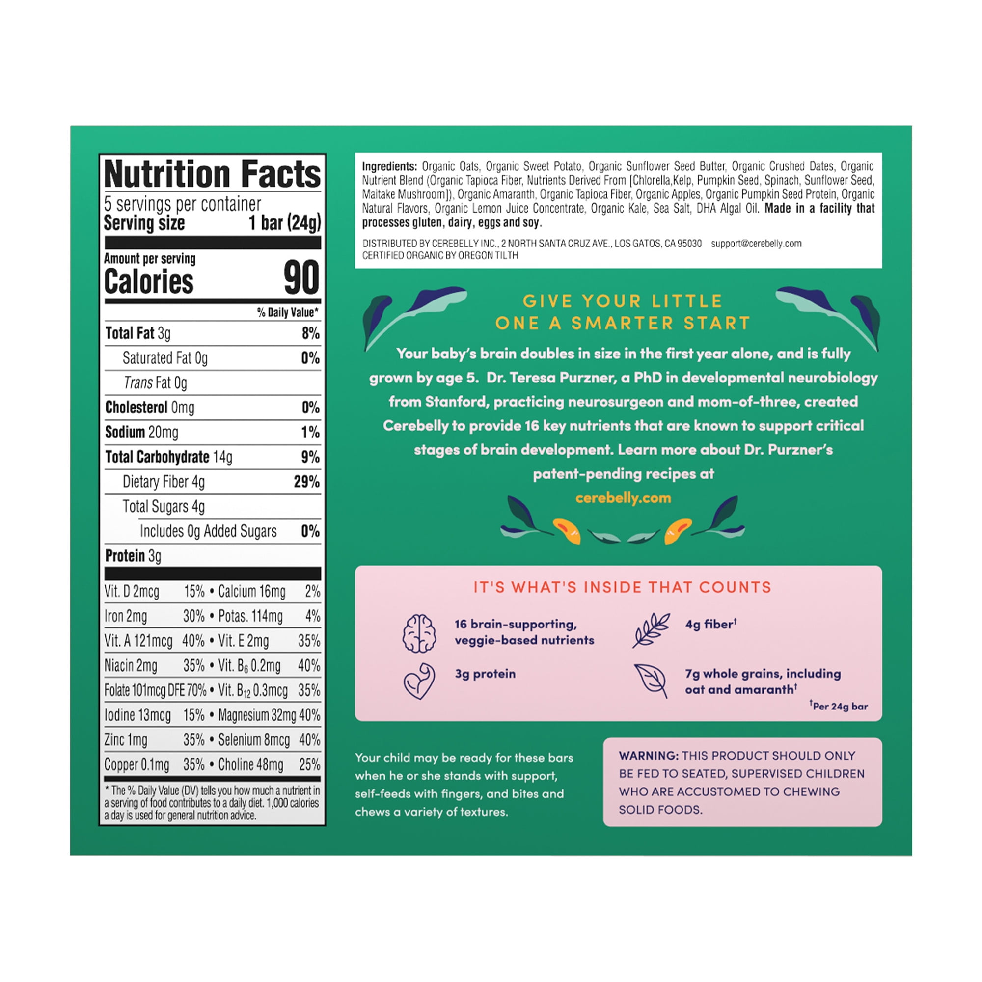Cerebelly Organic Smart Bar, Apple Kale, 4.2 oz, 5 Count
