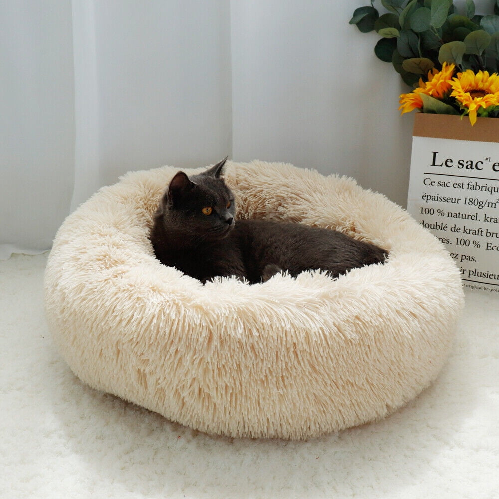 Pet Dog Cat Calming Bed Comfy Round Plush Warm Fluffy Nest Mattress Donut Pad