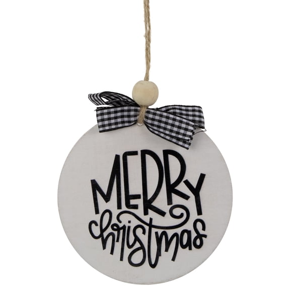 Northlight Wooden "Merry Christmas" Disc Ornament with Plaid Bow - 4" - White and Black