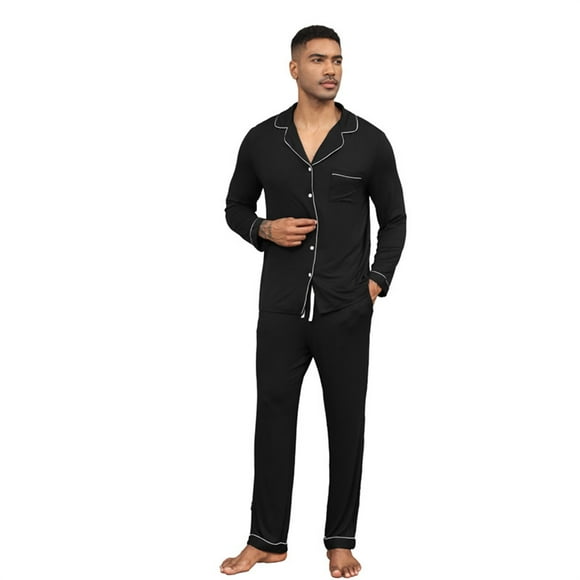 TSADFHJI Mens Pajamas Pants Flannel Male Sleepwear Soft Smooth Long Sleeve Long Pant Sleepwear Man with Pockets Two Piece Pajamas Xl Black