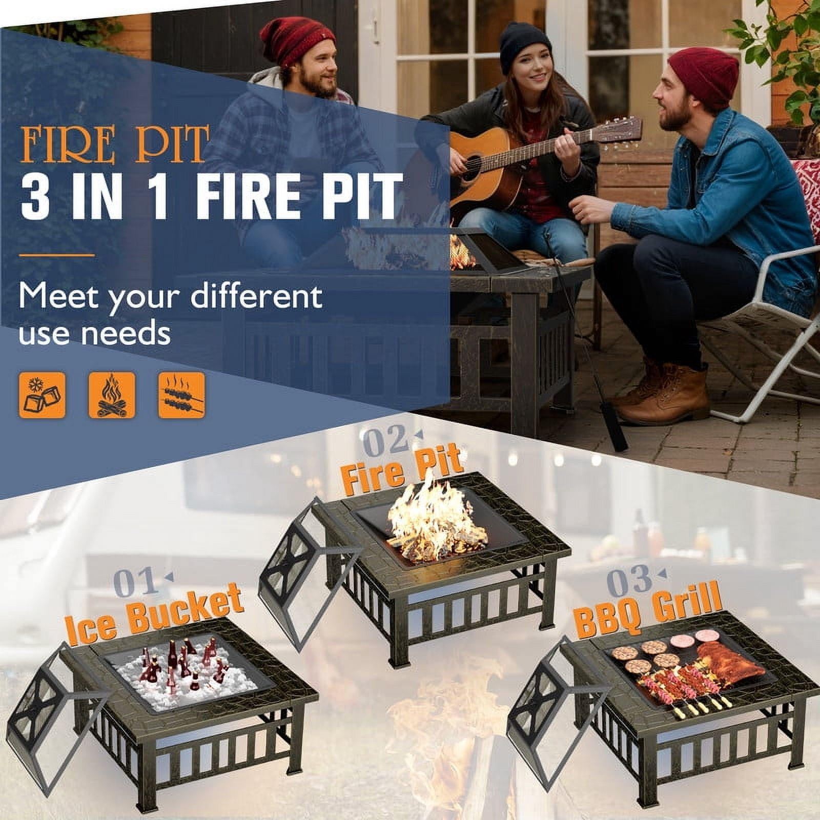 Devoko Outdoor 32" Square Metal Fire Pit with Cover and Poker, Gold
