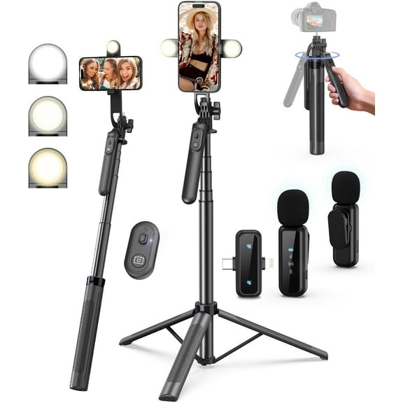 Vlogging Kit for iPhone and Android 71 Selfie Stick Tripod with Light Wireless Remote Microphone for TikTok YouTube