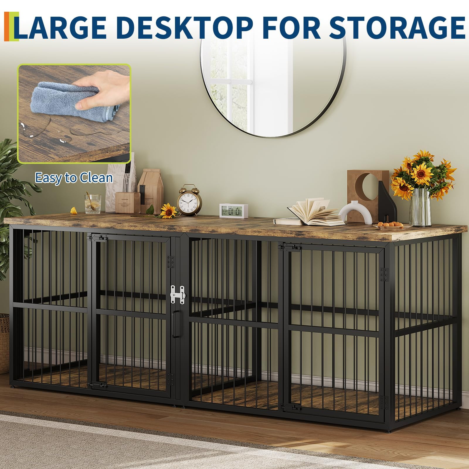 Extra Large 87" Double Dog Crate with Divider – Heavy Duty Wooden Kennel TV Stand with 3 Lockable Doors for 2 Dogs, Suitable for Small, Medium, or Large Dogs, Black