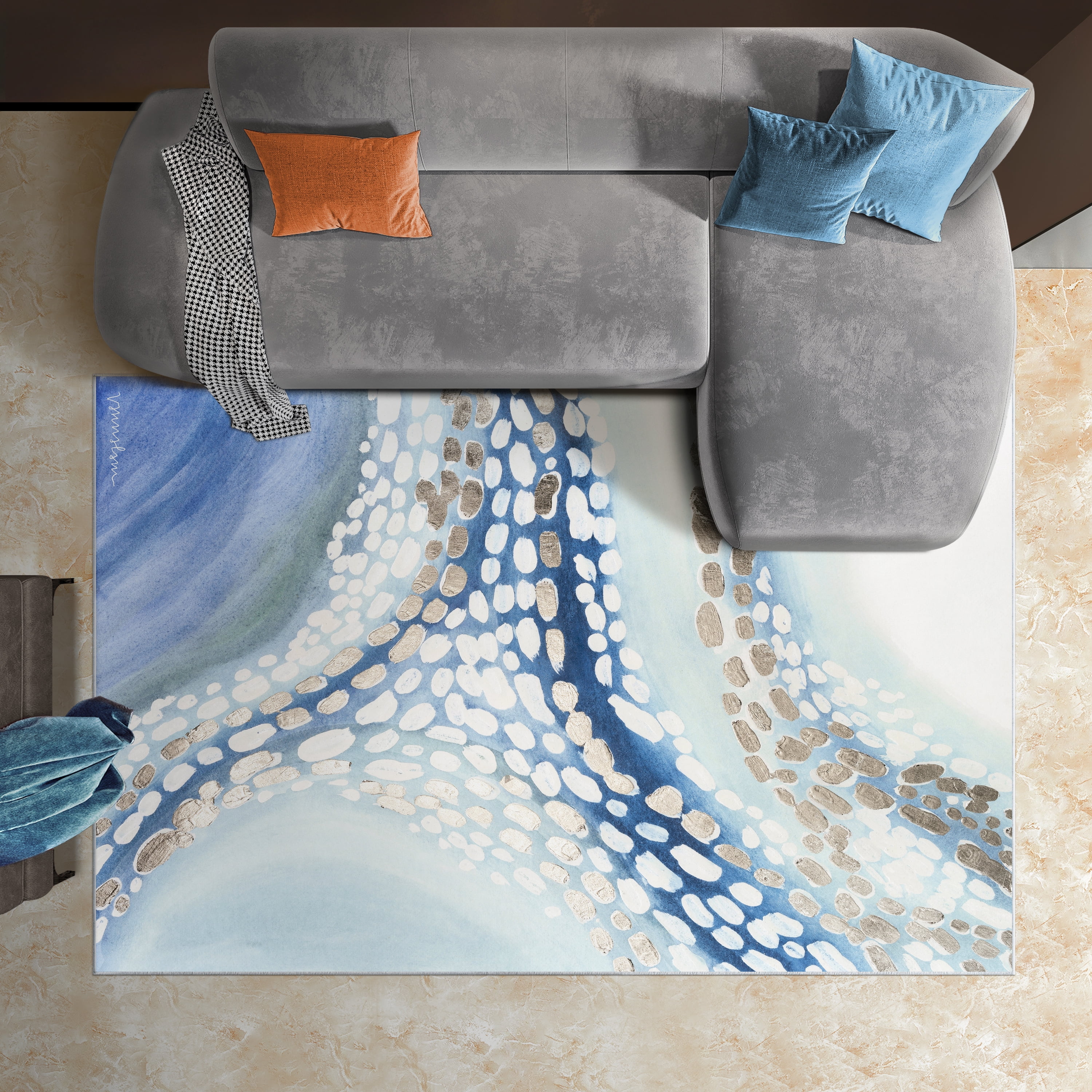 Teeming II Washable Abstract Blue Art Area Rug size 5'x8'