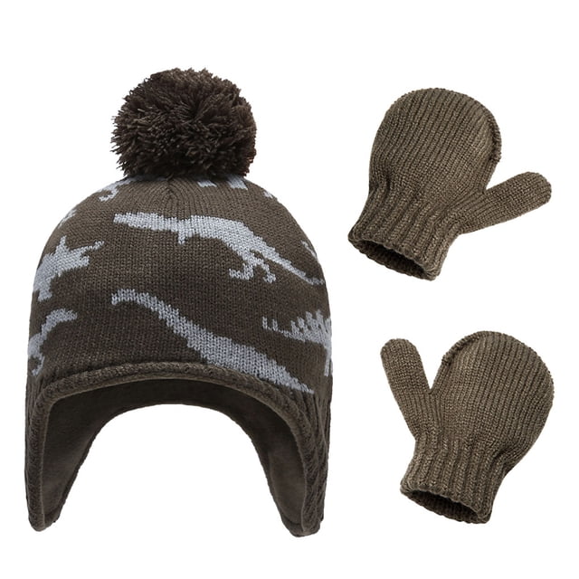Minnieouse Gorro Conjunto de guantes Diseño de orejeras Gorros de punto para niños con patrones de dinosaurios Dibujos animados Accesorios de invierno Sombreros Gris verdoso M 2-3ans Minnieouse AP009413-08B