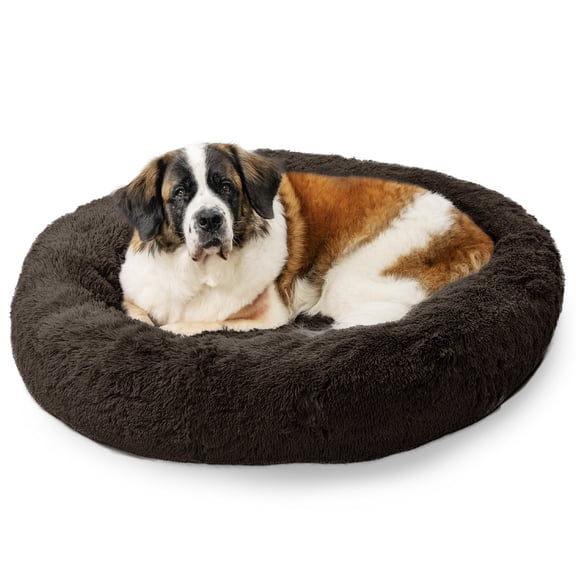 Best Friends by Sheri Original Calming Donut Dog and Cat Bed, Shag Faux Fur, Dark Brown, XL (45in x 45in) - Anxiety Relief for Pets Up to 150 lbs