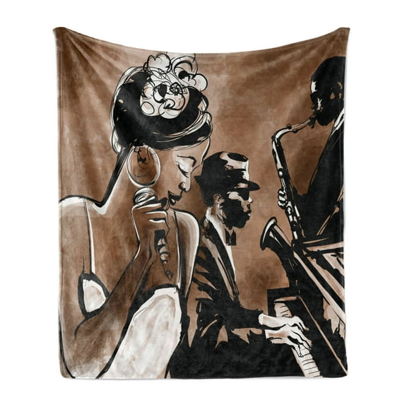 Jazz Soft Flannel Fleece Throw Blanket, Musicans Singing Woman and Piano Saxophone Player Men, Cozy Plush for Indoor and Outdoor Use, 70" x 90", Charcoal Grey Umber, by Ambesonne