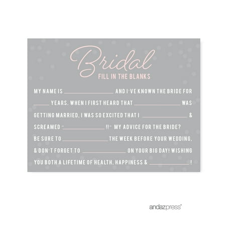 Fill-In-The-Blank - Bride Pink Blush and Gray Pop Fizz Clink Wedding Bridal Shower Game Cards, 20-Pack