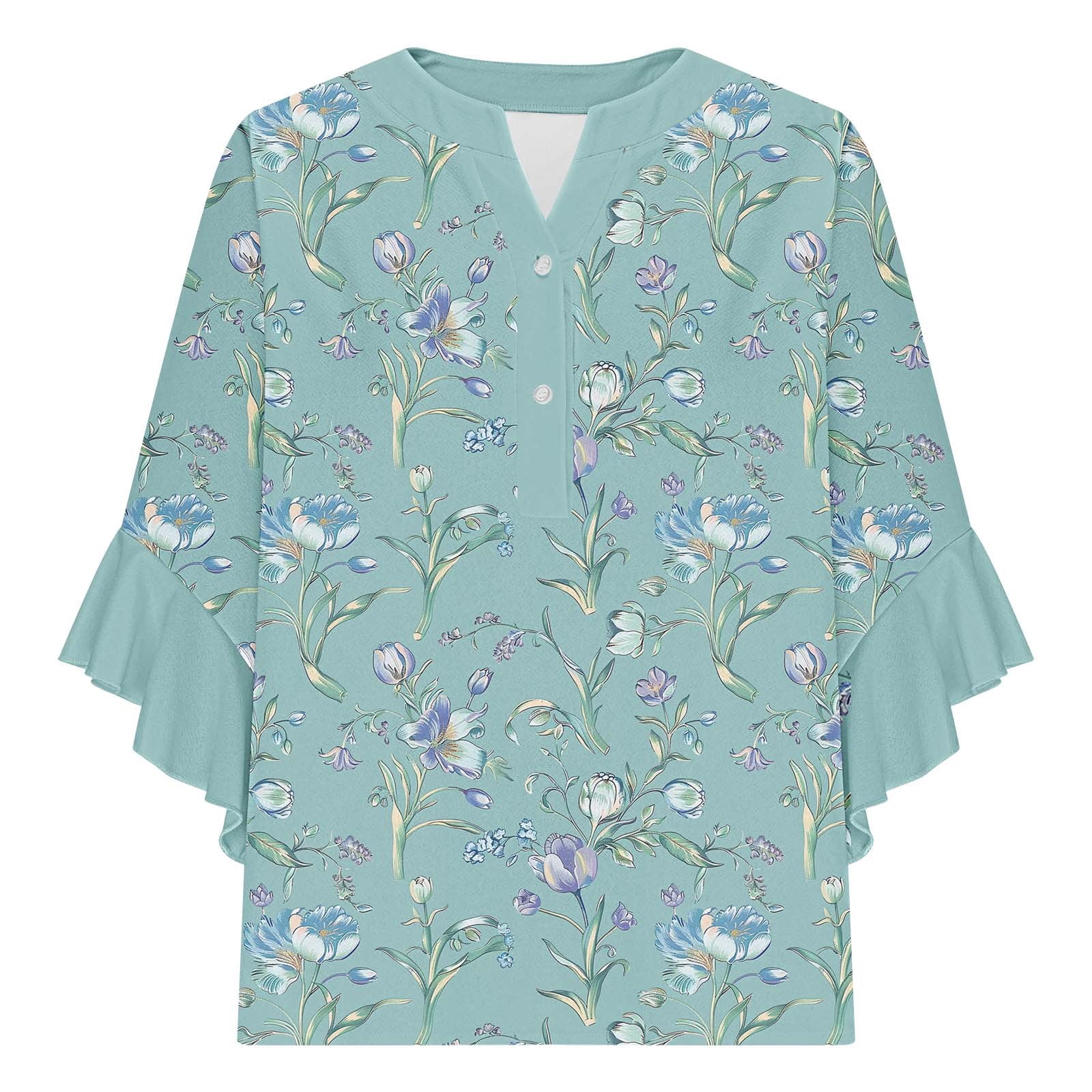 Women Boho Floral Print Blouses with 3/4 Flowy Ruffle Sleeves V Neck Half Button Down Shirt for Summer Beach Vacations