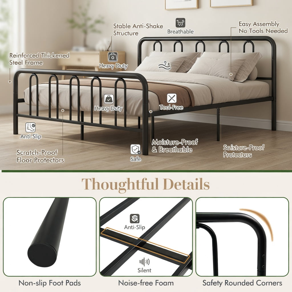 Demi Bonn King Size Metal Bed Frame, Headboard & Footboard, 1100LBS Capacity, Rustproof Finish, Noise-Reduction Foam & Non-Scratch Pads, Black
