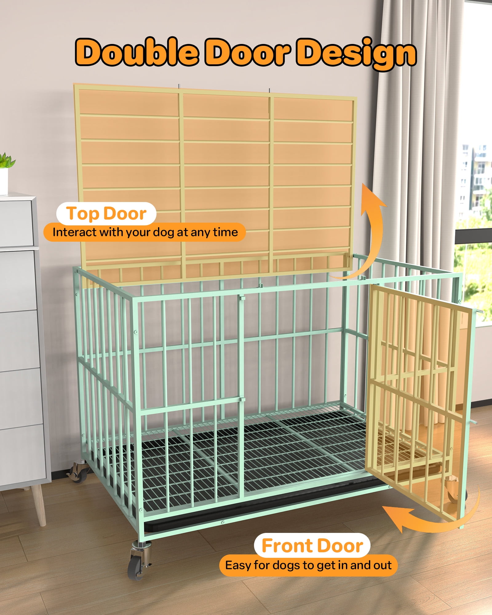 TIME RAY 48 Inch Heavy Duty Indestructible High Anxiety Dog Crate Cage for Large Dog with Steel Escape Proof, Double Doors,Lockable Wheels and Removable Tray,Green