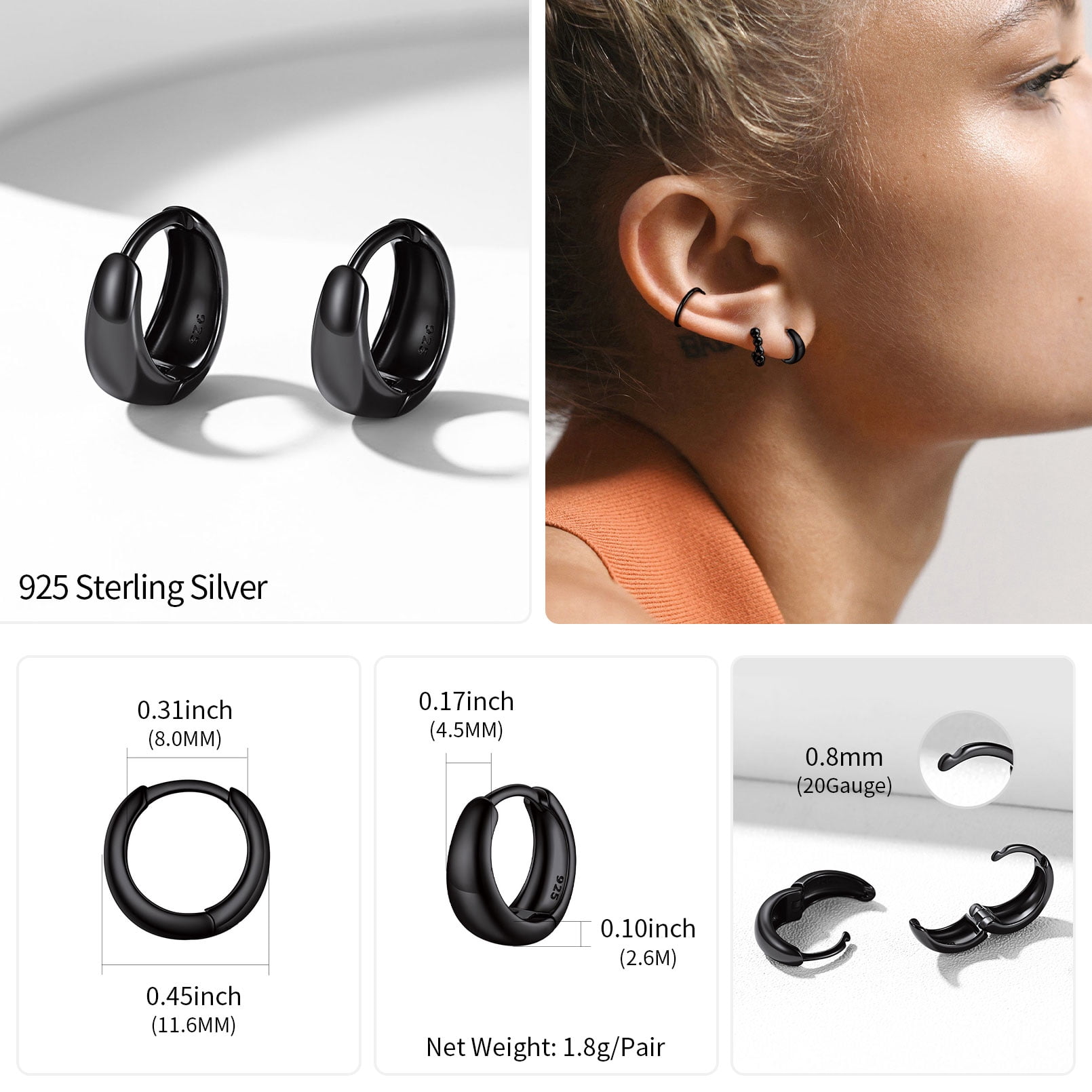 ChicSilver Christmas Gift 8MM Small Hoop Earrings Thick Black Cartilage Huggie Earrings Hypoallergenic 925 Sterling Silver Jewelry for Women Grils | Clearance