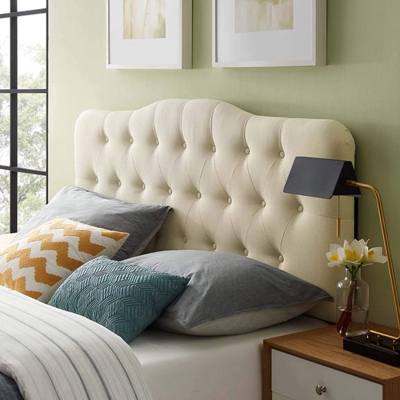 Annabel Tufted Button Linen Fabric Upholstered Queen Headboard in Ivory