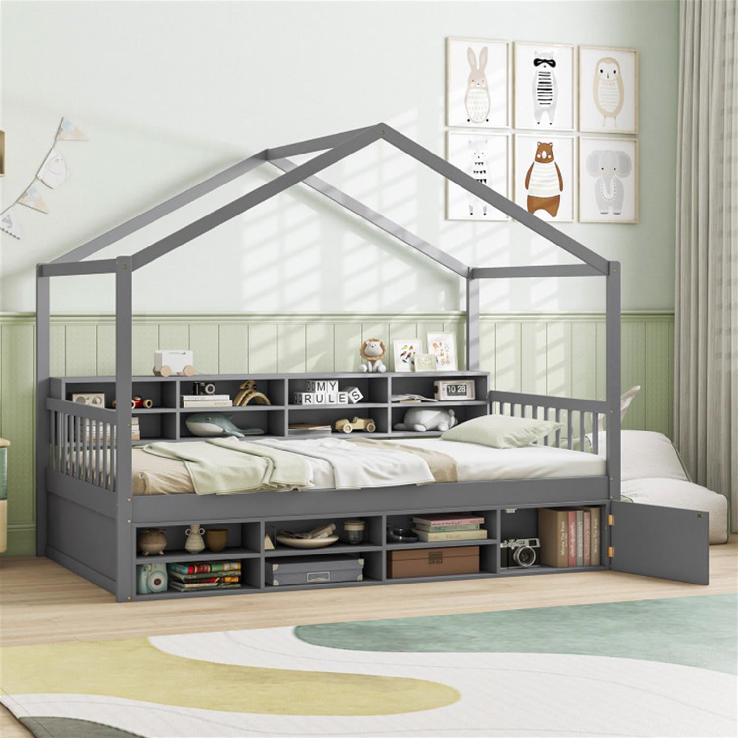 Demi Bonn Twin Size Bed Frame with 14 Storage Cubes and Enclosed Cabinet, Wooden House Bed with Roof for Bedroom, Gray