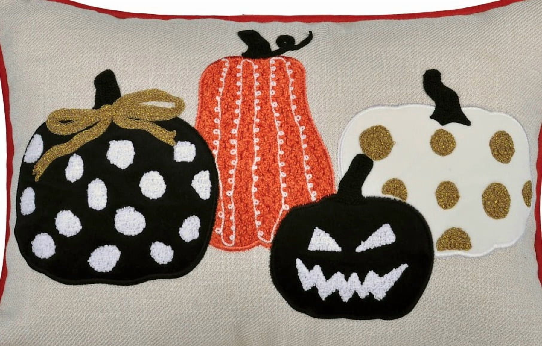 Whimsical Embroidered Pumpkin Throw Pillow 14x20 Inch Linen-Blend with Red Piping for Sofa Bed Halloween Decor
