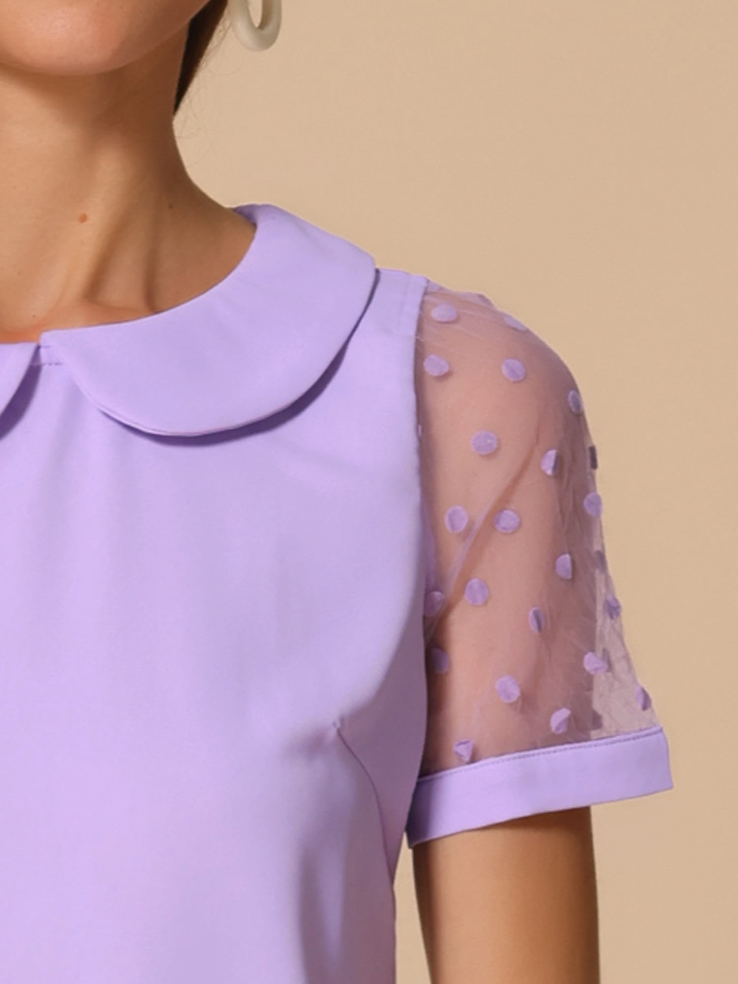 DARING DIVA Women's Polka Dots Mesh Peter Pan Collar Blouse M Purple