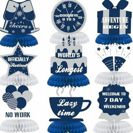 9Pcs Happy Retirement Decorations Table Honeycomb Centerpieces Party Supplies Blue Silver Retirement Adventure Awaits Sign for Men Retired Decor Goodbye Retirement Signs$$Electronics Accessories