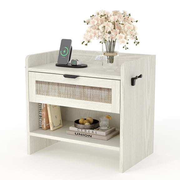 Modern Rattan Nightstand with Charging Station, with 1 Drawer & Storage Shelf, End Table with Power Outlet, Perfect for Bedroom, Living Room, White